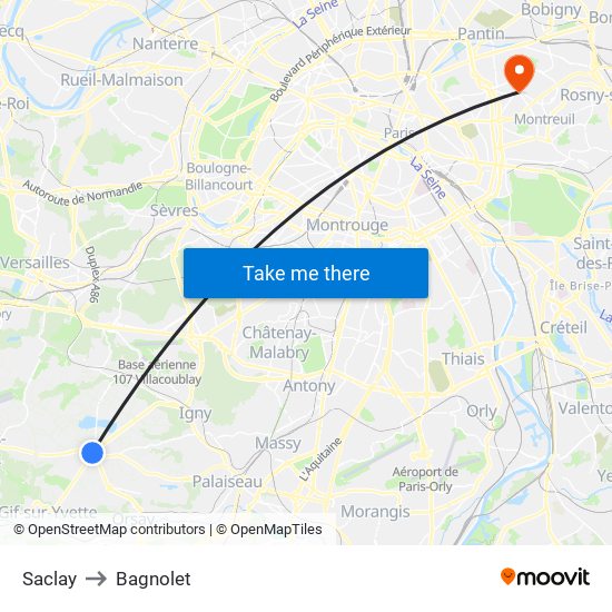 Saclay to Bagnolet map