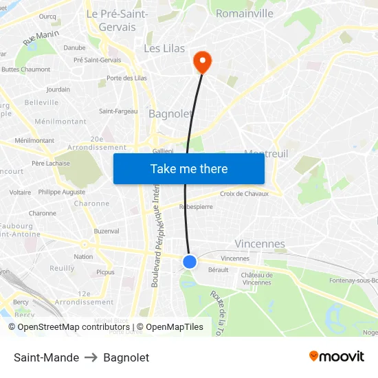 Saint-Mande to Bagnolet map