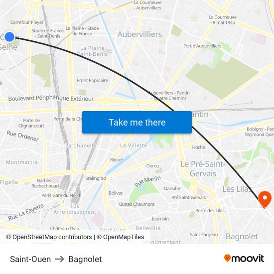 Saint-Ouen to Bagnolet map