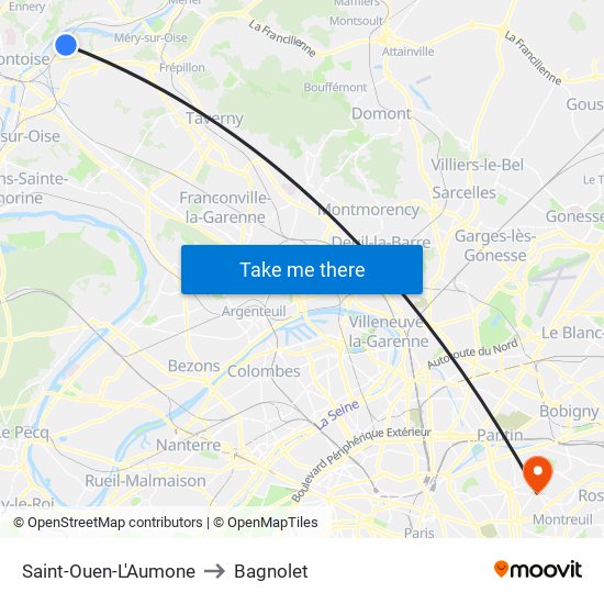 Saint-Ouen-L'Aumone to Bagnolet map