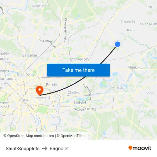 Saint-Soupplets to Bagnolet map