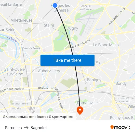 Sarcelles to Bagnolet map