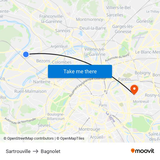 Sartrouville to Bagnolet map