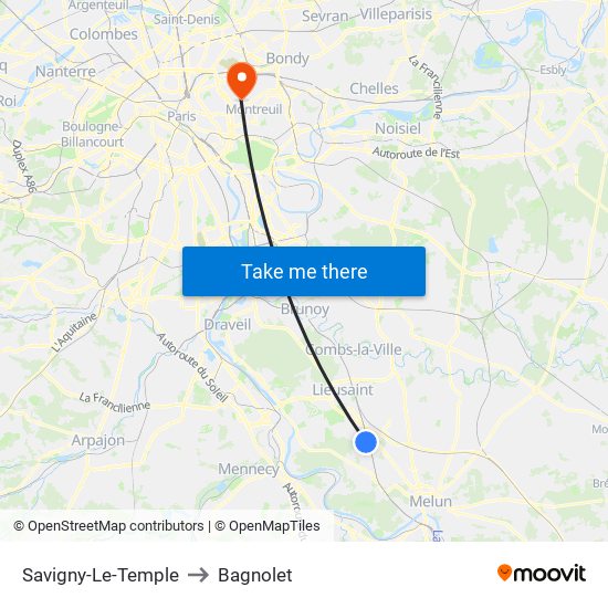 Savigny-Le-Temple to Bagnolet map