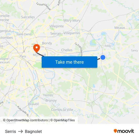 Serris to Bagnolet map