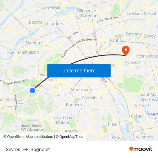 Sevres to Bagnolet map