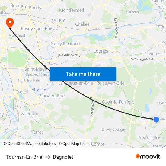 Tournan-En-Brie to Bagnolet map