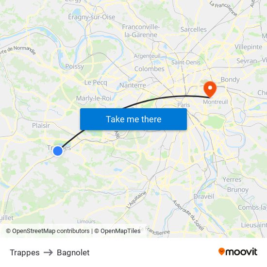 Trappes to Bagnolet map
