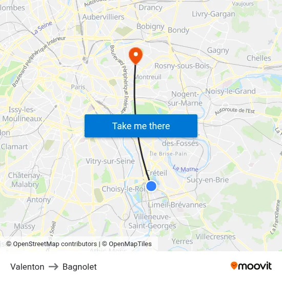 Valenton to Bagnolet map