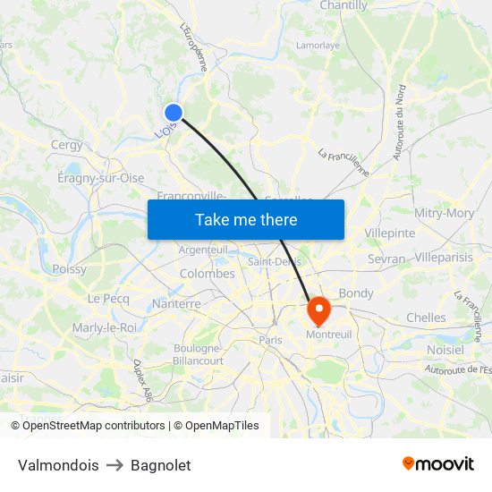 Valmondois to Bagnolet map