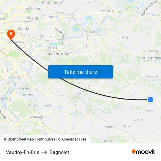 Vaudoy-En-Brie to Bagnolet map