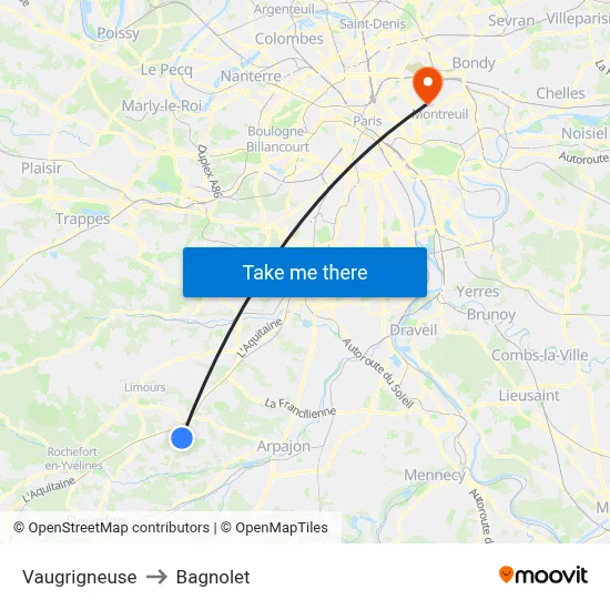 Vaugrigneuse to Bagnolet map