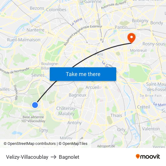 Velizy-Villacoublay to Bagnolet map