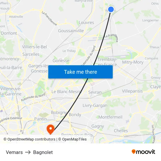 Vemars to Bagnolet map