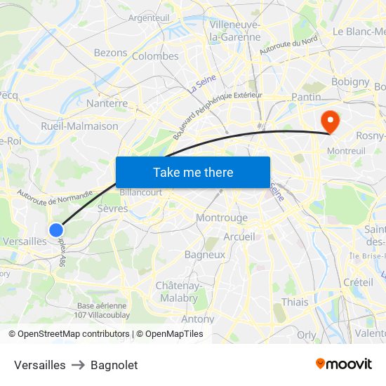 Versailles to Bagnolet map