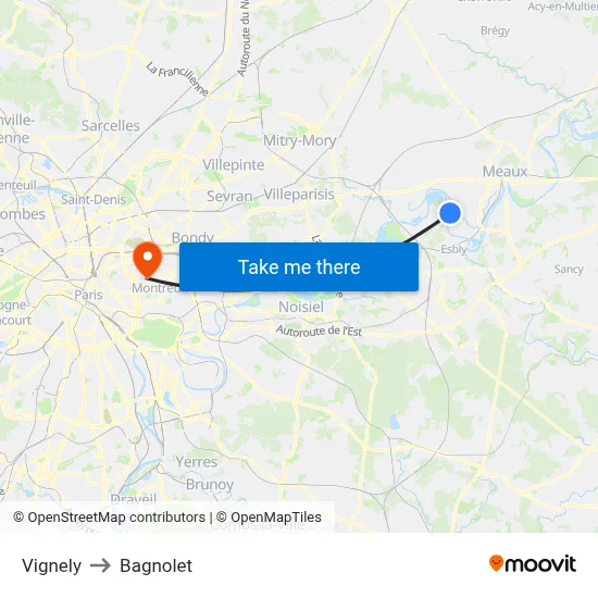 Vignely to Bagnolet map