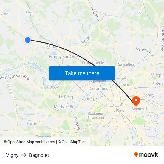 Vigny to Bagnolet map
