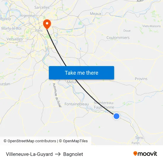 Villeneuve-La-Guyard to Bagnolet map