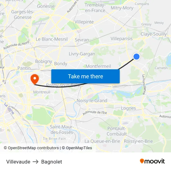 Villevaude to Bagnolet map