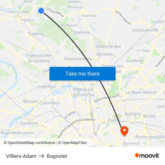 Villiers-Adam to Bagnolet map