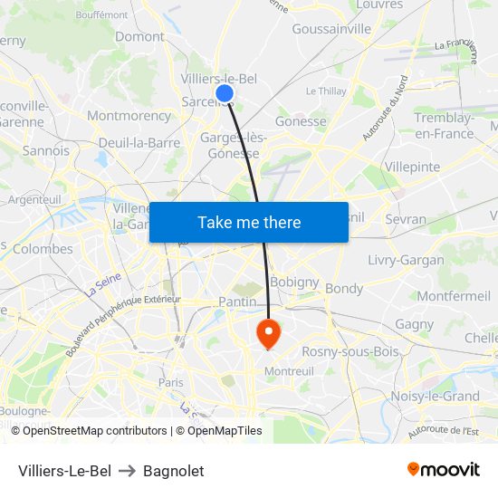 Villiers-Le-Bel to Bagnolet map
