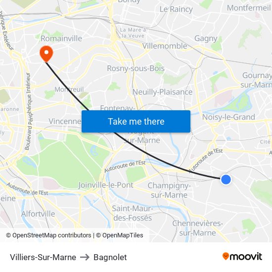 Villiers-Sur-Marne to Bagnolet map