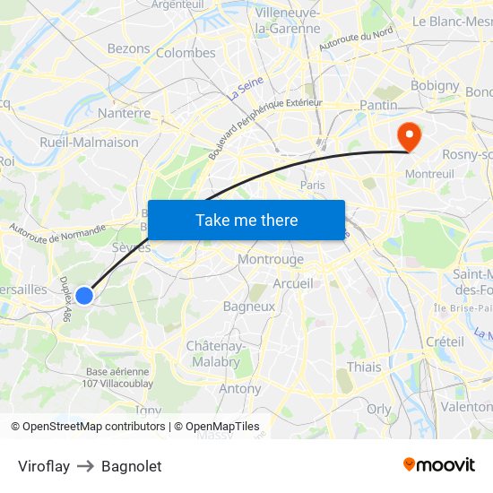 Viroflay to Bagnolet map