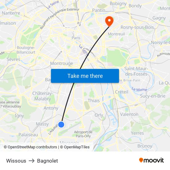 Wissous to Bagnolet map