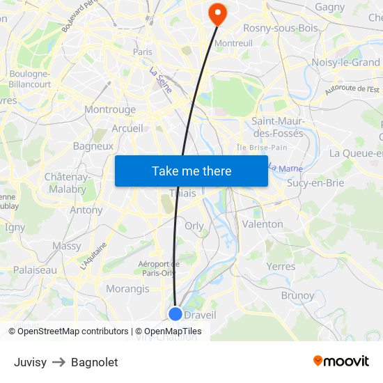 Juvisy to Bagnolet map