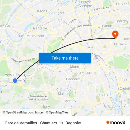 Gare de Versailles - Chantiers to Bagnolet map