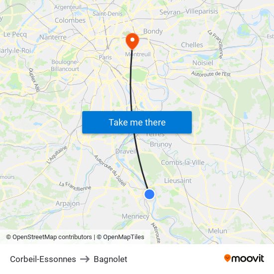 Corbeil-Essonnes to Bagnolet map