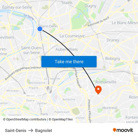 Saint-Denis to Bagnolet map