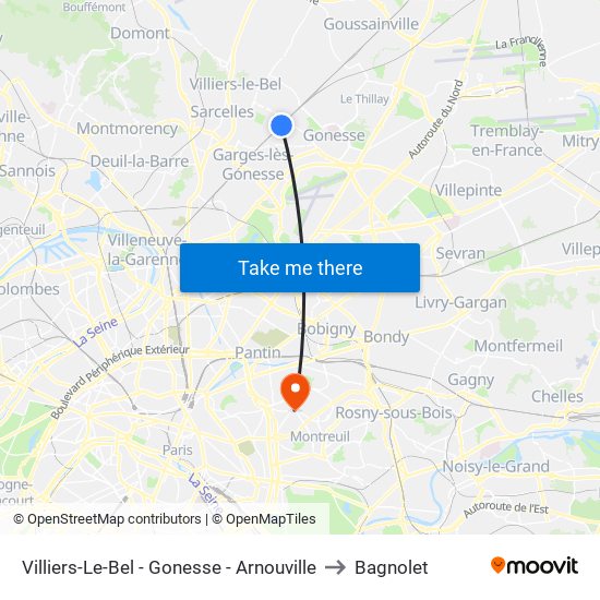 Villiers-Le-Bel - Gonesse - Arnouville to Bagnolet map