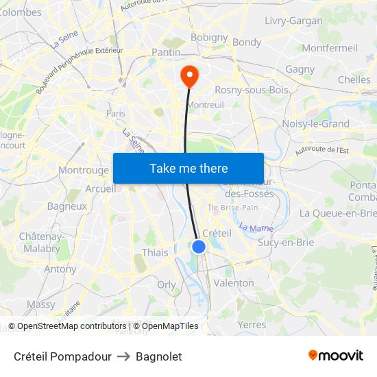 Créteil Pompadour to Bagnolet map