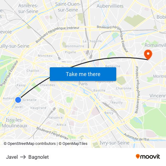 Javel to Bagnolet map