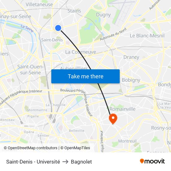 Saint-Denis - Université to Bagnolet map