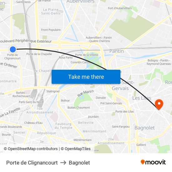 Porte de Clignancourt to Bagnolet map