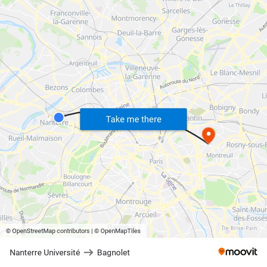 Nanterre Université to Bagnolet map