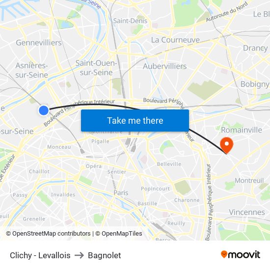 Clichy - Levallois to Bagnolet map