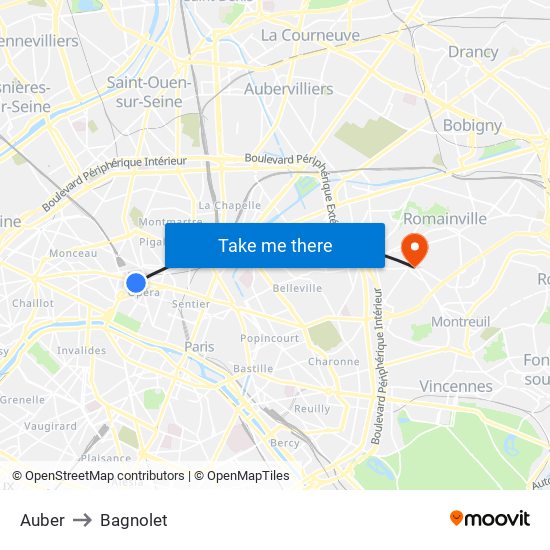 Auber to Bagnolet map