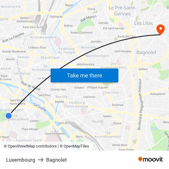 Luxembourg to Bagnolet map