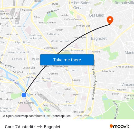 Gare D'Austerlitz to Bagnolet map