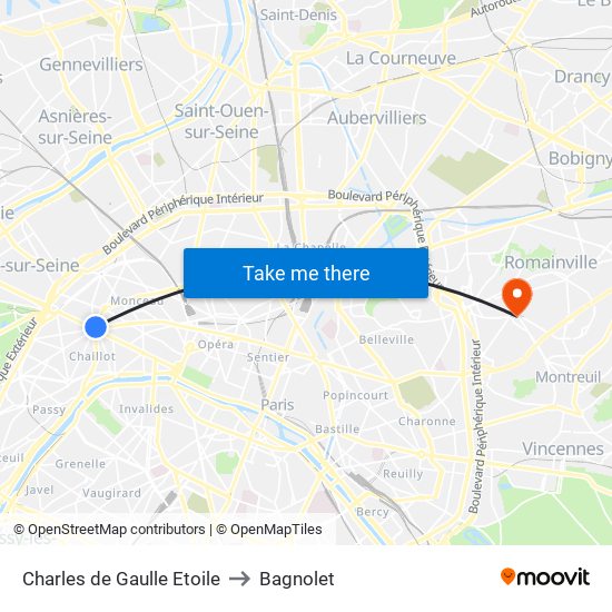 Charles de Gaulle Etoile to Bagnolet map