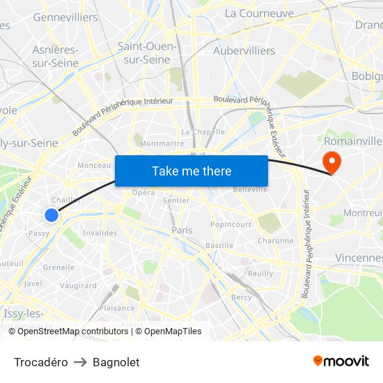 Trocadéro to Bagnolet map