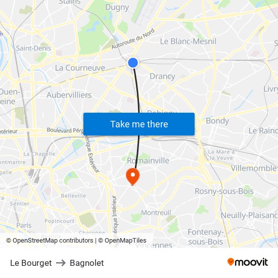 Le Bourget to Bagnolet map