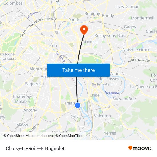 Choisy-Le-Roi to Bagnolet map
