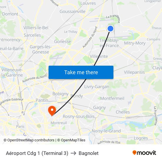 Aéroport Cdg 1 (Terminal 3) to Bagnolet map
