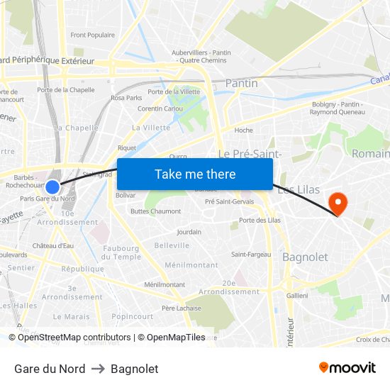 Gare du Nord to Bagnolet map