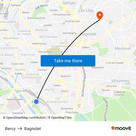 Bercy to Bagnolet map