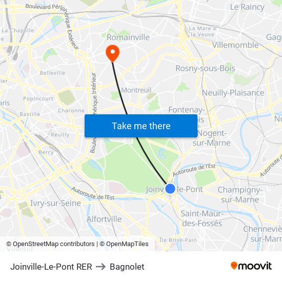 Joinville-Le-Pont RER to Bagnolet map